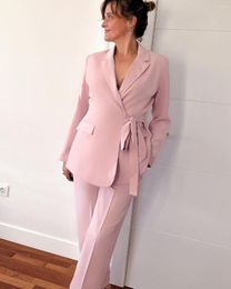 Women's Two Piece Pants Light Pink Suits Set For Women Business Evening Party Dress Custom Made Blazer Jacket With Belt Wide Leg