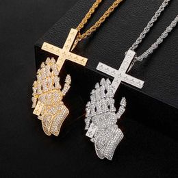 Fashion Prayer Hand Gesture Cross Pendant Necklace For Men And Women 14kg Gold Plated Iced Out Religious Iced Out Cubic Zirconia Charms CZ Hip Hop Jewellery Gifts Collar
