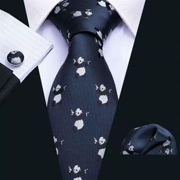Dark Blue Panda Pattern Tie Set Handkerchief and Cuffs Fashion Whole Business Wedding Party N-5062214r