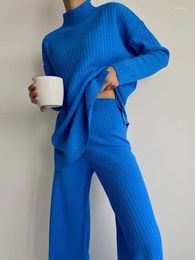 Women's Two Piece Pants Casual Knitted Set Women Fashion Blue Long Sleeve Sweater And Pant Suit Autumn Winter Elegant Loose Outfits 2023
