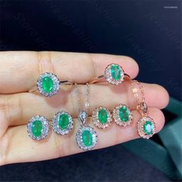 Cluster Rings Style 925 Silver Inlaid Natural Emerald Ring & Earrings Set Cute And Fresh A Gift For Girls