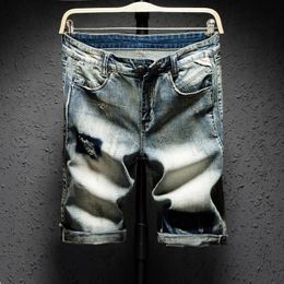 Men's Shorts Men Clothing Ripped Denim Knee Length Washed Retro Distressed Patch Trend Streetwear Male Jeans Five Points Pants