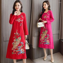 Casual Dresses Ethnic Style Embroidered Cotton And Linen Dress 2023 Autumn Chinese Clothing Loose Large Size Retro Buckle Cheongsam T459