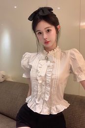 Women's stand collar puff short sleeve blouse white color cute royal style ruffles bow patched shirt SML