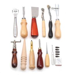 Professional 13Pcs Leather Craft Tools Kit Hand Sewing Stitching Punch Carving Work Saddle For Making Bags225n