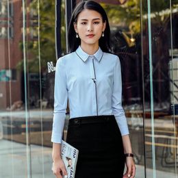 Women's Blouses Office Ladies Work Shirt White Contrast Binding Piping Collar Long Sleeve Clothes Spring Top Women Blue Casual Blouse & Shir