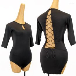 Stage Wear Straps Back Latin Dance Tops Women Sexy Short Sleeves Black Leotads Gymnastic Costume Rumba Top Practise DNV15262