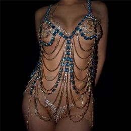 Performance Luxury Sexy Tassel Blue Rhinestone shining claw chain Body chain set underwear set Chest Chain Panties nightclub style fashion dress show bra T-back 1173