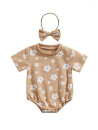 Clothing Sets Toddler Baby Girl Romper Summer Short Sleeve Floral Print Jumpsuit Headband Clothes For Infant 0-18 Months