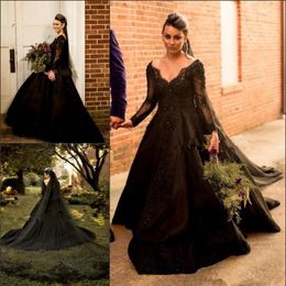 Exquisite Gothic Black Wedding Dresses lace Applique 2021 V Neck Long Sleeves African Plus Size robe de mariee Bridal Ball Gowns211V