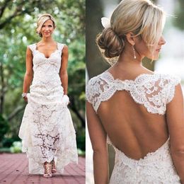 Chic Rustic Full Lace Wedding Dresses Cheap V Neck Open Back Sweep Train Boho Garden Bridal Gown Custom Made Country Style New 201287O