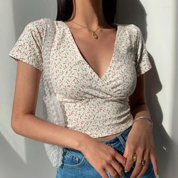 Women's T Shirts 2023 Women Top Casual Sexy Tee Bodycon Crop Tops Summer Floral Y2k V-neck Slim Slimming Wild High Waist Short Sleeve Shirt