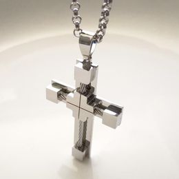 Pendant Necklaces Large 40 60mm Silver/ Gold Wire Cross Charm Necklace 316L Stainless Steel Jewelry For Mens 4MM 24 INCH Rolo ChainPendant