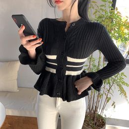 Women's Knits & Tees 2023 Autumn Winter Women Sweaters Female Cardigan Knitted Coat Contrast Strip O-neck Dlim Elegant Office Lady All Match