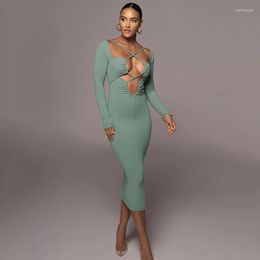 Casual Dresses 2023 Autumn Green Sexy Fashion Backless Women Stylish Bodycon Dress Female Knee-length Party Y2K Bandage