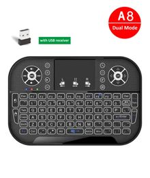 A8 Mini 2.4G Retroilluminazione della tastiera Bluetooth Air Mouse Telecomando wireless tattile per Smart TV Box Desktop Touchpad PC ricaricabile