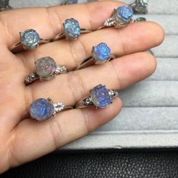 Cluster Rings 1 Pc Fengbaowu Natural Stone Labradorite Rose Flower Ring 925 Sterling Silver Crystal Carved Figurine Gift Jewellery Women