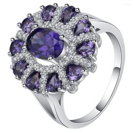 Wedding Rings UFOORO Female Charm Purple Crystal Ring 2023 Silver Colour Band Fashion Flower Zircon Jewellery Promise For Women