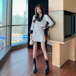 Women color block 2 pc dress set turn down collar double breasted jacket and short a-line skirt twinset SMLXL