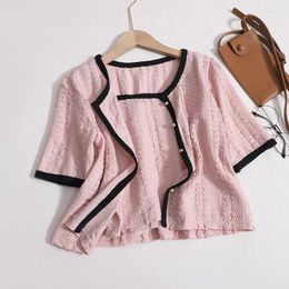 Women's T Shirts Summer Two-piece Set Women Camisole Single-breasted Short-sleeved Top Suit Casual Fashion O-neck Patchwork Cardigan