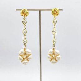 Dangle Earrings Natural White Coin Pearl Gold Plated Stud For Women