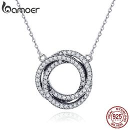 Bamoer Real 925 Sterling Silver Minimalism Geometric Stacked Circle Pendant Necklaces for Women Clear CZ Fine Jewellery SCN259