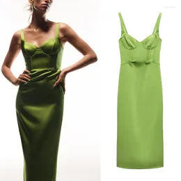 Casual Dresses 2023 Vintage Solid Green Real Silk Party Long Skirt Women's V-neck Corset Sexy Back Open Satin Vest Dress Fashion Summer