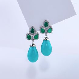 Dangle Earrings Longyuan Blue Aventurine Natural Gemstone Synthetic Pine Water Drop Long 925 Sterling Silver Women