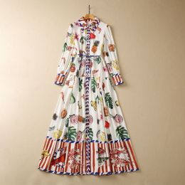 2023 Summer Multicolor Fruits Print Belted Dress Long Sleeve Lapel Neck Buttons Single-Breasted Long Casual Dresses S3W110511