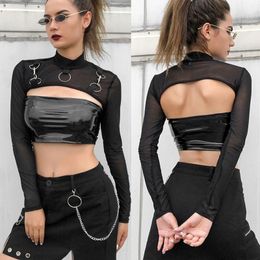 T-Shirt Summer Sexy Mesh See Through TShirts Black ONeck Long Sleeve Turtleneck Sheer Transparent Short Crop Tops Sexy Club Party Top