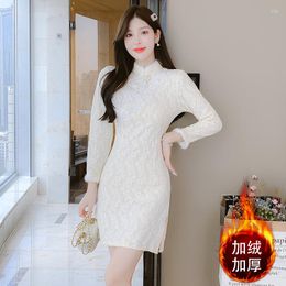 Casual Dresses Temperament Of Restoring Ancient Ways Splicing Maomao Sequins Stereoscopic Flower Female 2023 Winter Wear A Qipao Dress