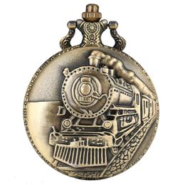Vintage Bronze Train Front Locomotive Engine Railway Quartz Pocket Watch Steampunk Pendant Chain Womens Mens Gift296B