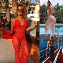 Women's Swimwear 2023 Bikini Cover-Ups Women Mesh See Through Sleeveless Halter Sexy Beach Dress Summer Solid Fishnet Cover Ups