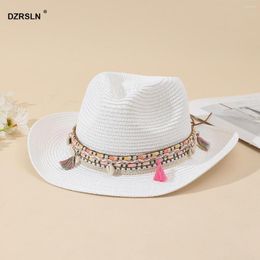 Wide Brim Hats Bohemian Tassel Women Sun Hat Fashion Ins Cowboy Cowgirl Beach Summer Straw Ladies Foldable