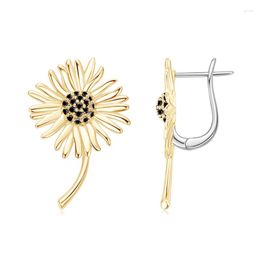 Hoop Earrings Anziw Sunflower For Women Girls Two Tone 14K Gold Plated Sterling Silver Black Cubic Zirconia Jewellery Birthday Gifts
