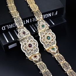 Waist Chain Belts Sunspicems Chic Morocco Jewellery Women's Cafe Belt Gold Crystal Bridal Dress Belt Flower Waist Chain Algerian Body Jewellery 230512