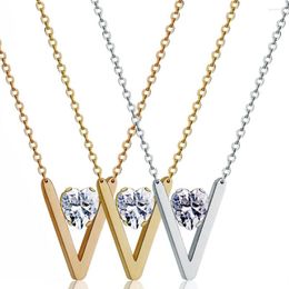 Pendant Necklaces Simple V Letter Necklace For Woman Stainless Steel CZ Chokers Trendy Crystal Luxury Jewellery Female