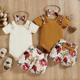 Clothing Sets Infant Girls Three-piece Layette Round Neck Ribbed Romper Flower Print Shorts And Headband