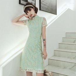 Ethnic Clothing 2023 Summer Vintage Chinese Womens Lace Qipao Dress Sexy Elegant Short Sleeve Cheongsam Retro Style Qi Pao Plus Size S-XXL