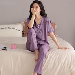 Women's Sleepwear Summer Women's Pyjamas Set Purple Solid Modal Big Size 4XL Nightwear Short Sleeve Long Pants Lingerie Pijamas