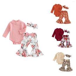 Clothing Sets CitgeeAutumn Infant Girl Clothes Set Solid Colour Ribbed Long Sleeve Turtleneck Romper Flower Leaf Print Flare Pants Suit