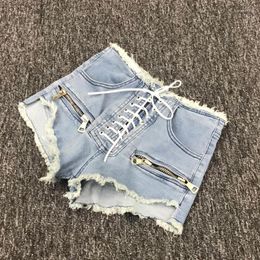 Women's Jeans Cross Lace-up Elastic Denim Short With Zipper & Pockets Tassel Fringe Hem - Women/Female 2023 Sexy Skinny Jean Shorts