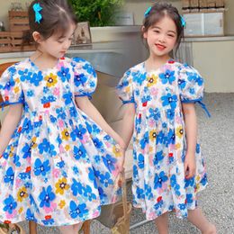 Girl Dresses Girls Dress Summer Puff-Sleeved Korean Style Flower Printed Princess Toddler Kids Clothes For 2-7Y