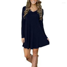 Casual Dresses Ladies Dress Winter Mini Pure Colour Long Sleeve Autumn V-neck Loose Elegant Vestidos Mujer Black/Red/Blue