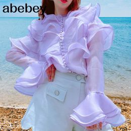 Women's Blouses & Shirts Fashion Sweet Women Organza Violet 2023 Autumn Single Breasted Pearl Layers Ruffles Mesh Loose Shirt Tops