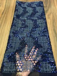 Fabric Anna navy blue african 3cm cord lace french sequins fabric composite craft embroidery 5 yards/pcs nigerian mesh laces fabrics
