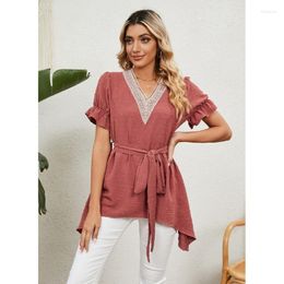 Women's T Shirts Womens Short Sleeve Sexy Tops Lace Trim V Neck Blouses For Women Fashion Ruffle Sleeves Casual With Belt