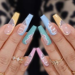 False Nails 24pcs Long Coffin Ballet Colourful Artificial With Cloud Design Wearable Fake Press On Manicure Nail Tips