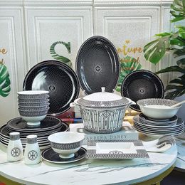 Dinnerware Sets Custom Bone China Fashion Black Background Line Western Dinner Plate Rice Bowl Soup Pot Coffee Set Tableware