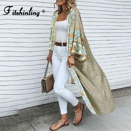 Cover-up Fitshinling Cotton Print Beach Kimono Cover Up With Sashes Bohemian Slim Summer Long Cardigan Oversized Bikini Outing Holiday